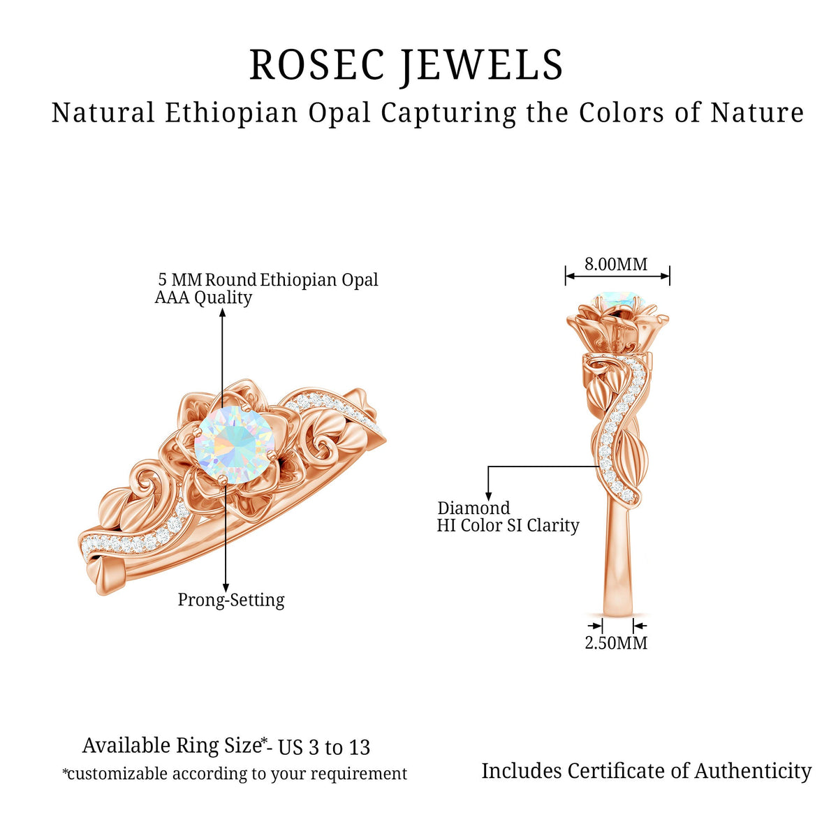 Genuine Ethiopian opal flower engagement ring with real diamond, featuring a sterling silver band and intricate floral design.