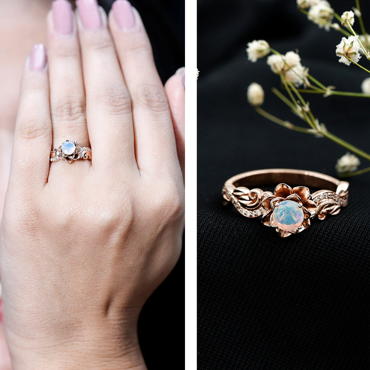 Genuine Ethiopian opal flower engagement ring with real diamond set in a silver band by Rosec Jewels.