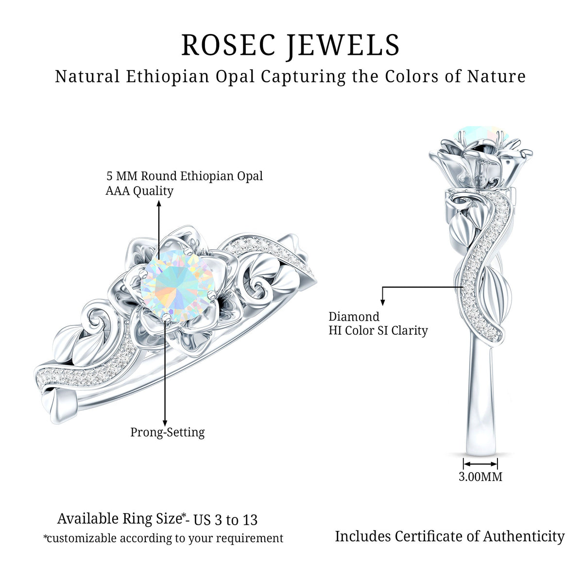 Rosec Jewels genuine Ethiopian opal flower engagement ring with real diamond, featuring vibrant opal and sparkling diamond accents.