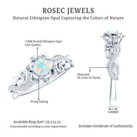 Rosec Jewels genuine Ethiopian opal flower engagement ring with real diamond, featuring vibrant opal and sparkling diamond accents.