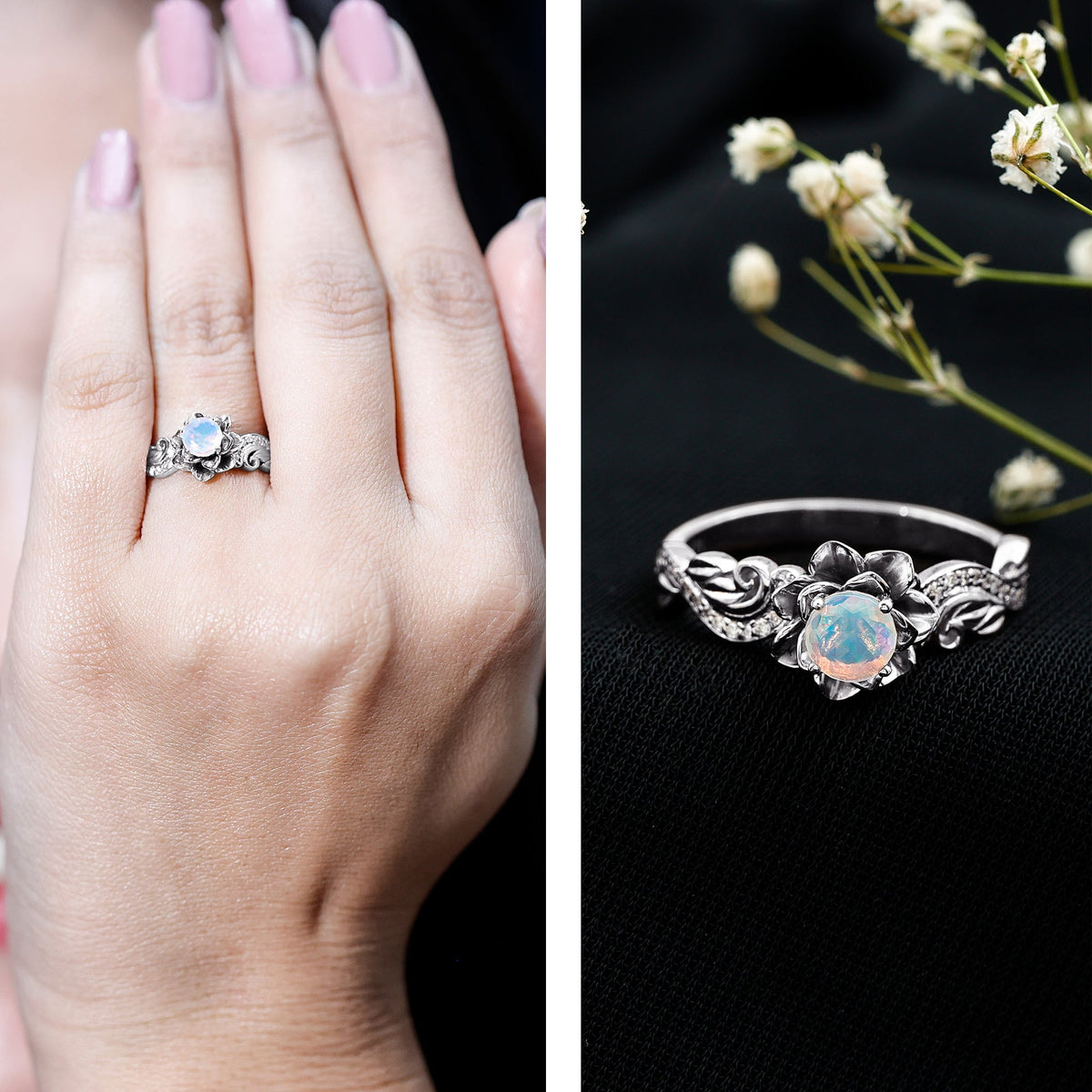 Genuine Ethiopian Opal flower engagement ring with real diamond, featuring a silver band and intricate floral design by Rosec Jewels.
