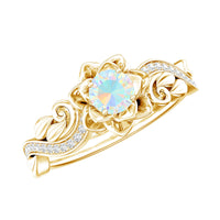Genuine Ethiopian opal flower engagement ring with real diamond from Rosec Jewels, showcasing intricate floral design and sparkling gemstones.