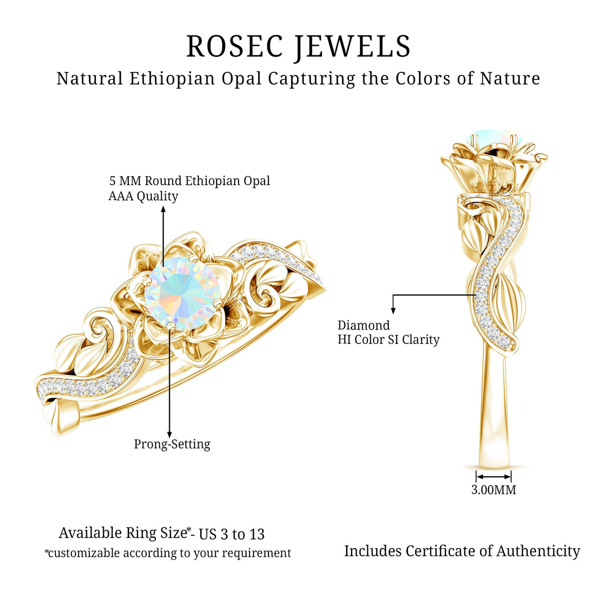 Genuine Ethiopian opal flower engagement ring with real diamond and rose gold setting, elegant and sparkling jewelry by Rosec Jewels