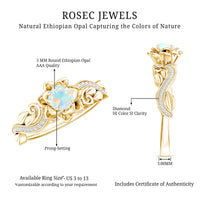 Genuine Ethiopian opal flower engagement ring with real diamond and rose gold setting, elegant and sparkling jewelry by Rosec Jewels