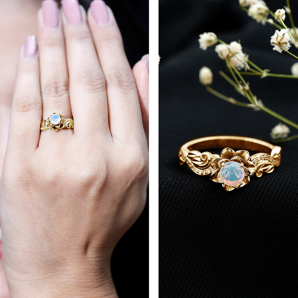Genuine Ethiopian Opal flower engagement ring with real diamonds, showcasing a detailed floral design and sparkling gemstone setting.