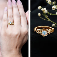 Genuine Ethiopian Opal flower engagement ring with real diamonds, showcasing a detailed floral design and sparkling gemstone setting.