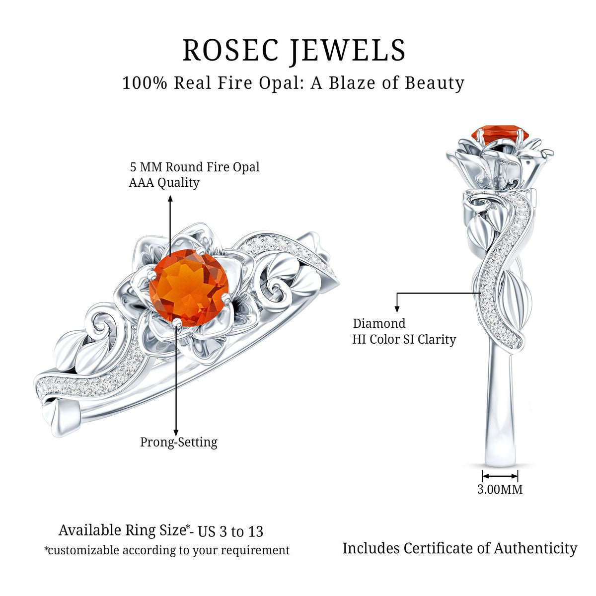 Nature-inspired Fire Opal and Diamond engagement ring by Rosec Jewels, featuring colorful stones and intricate design.
