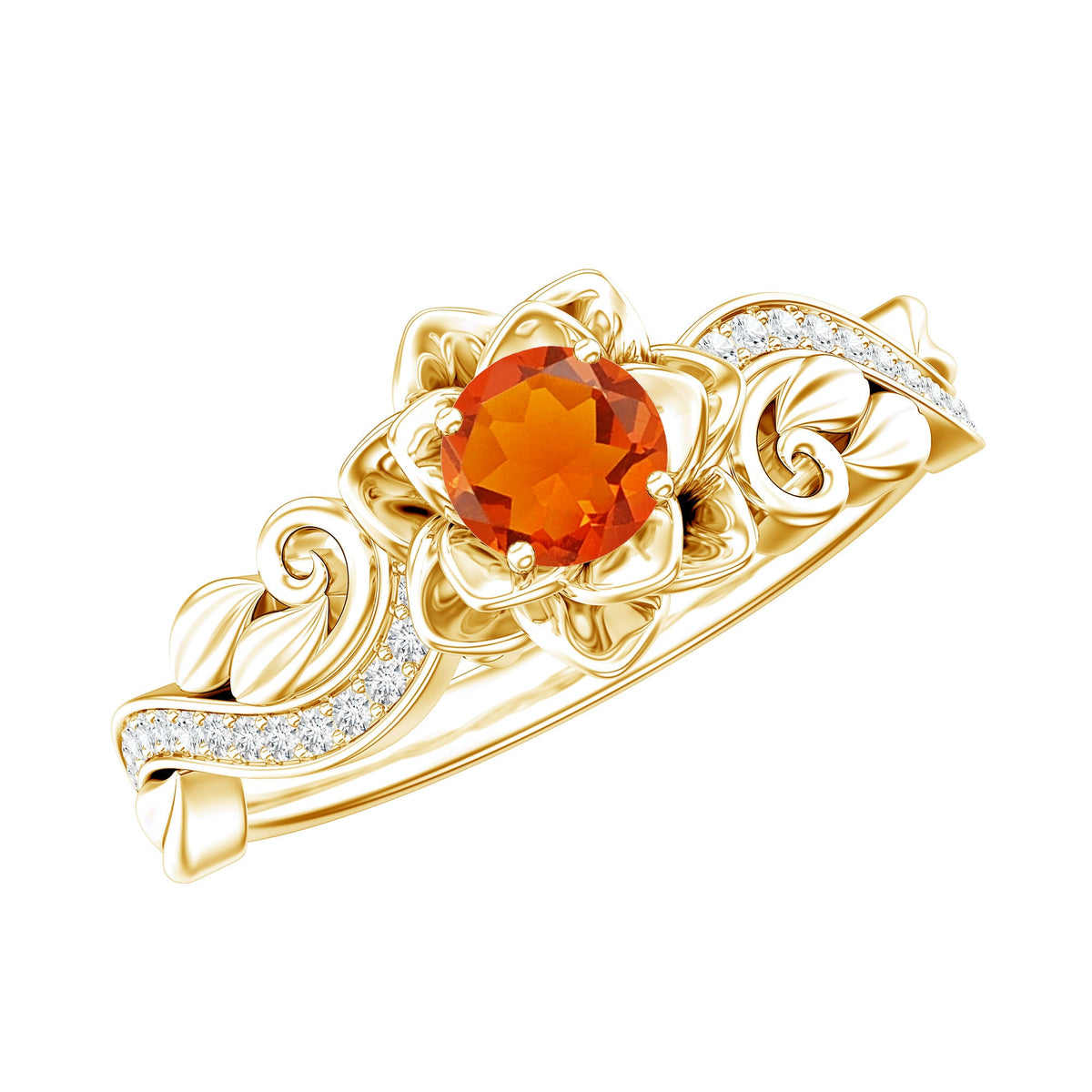 Nature-inspired fire opal and diamond engagement ring by Rosec Jewels, detailed with intricate design and sparkling gemstones.