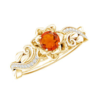 Nature-inspired fire opal and diamond engagement ring by Rosec Jewels, detailed with intricate design and sparkling gemstones.