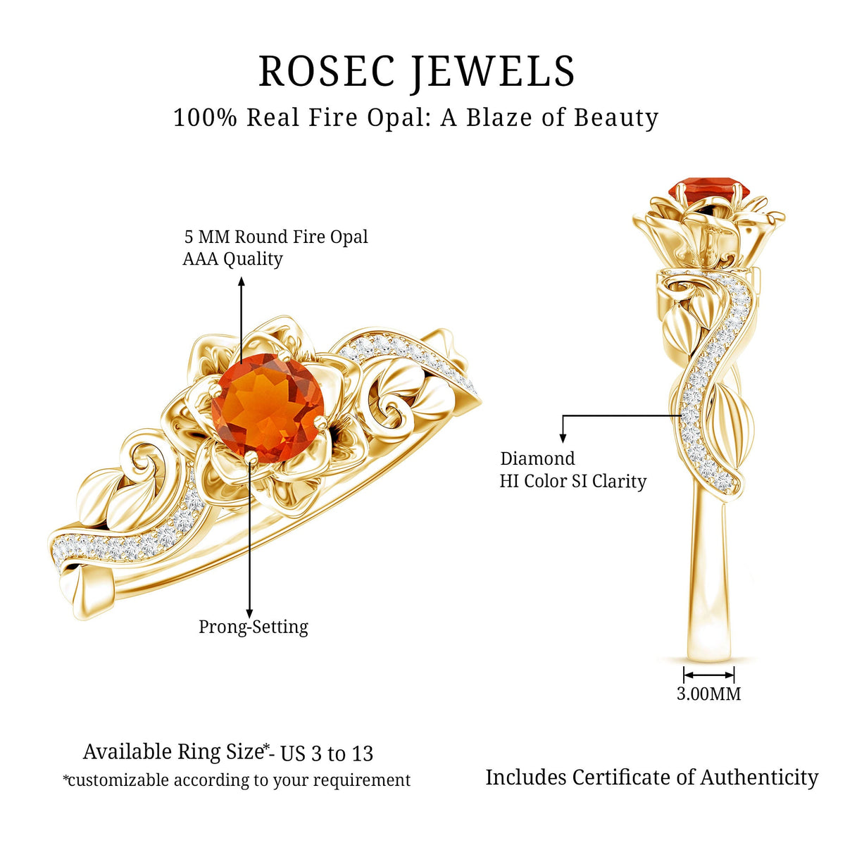 Rosec Jewels fire opal and diamond engagement ring featuring nature-inspired design and a certificate of authenticity.