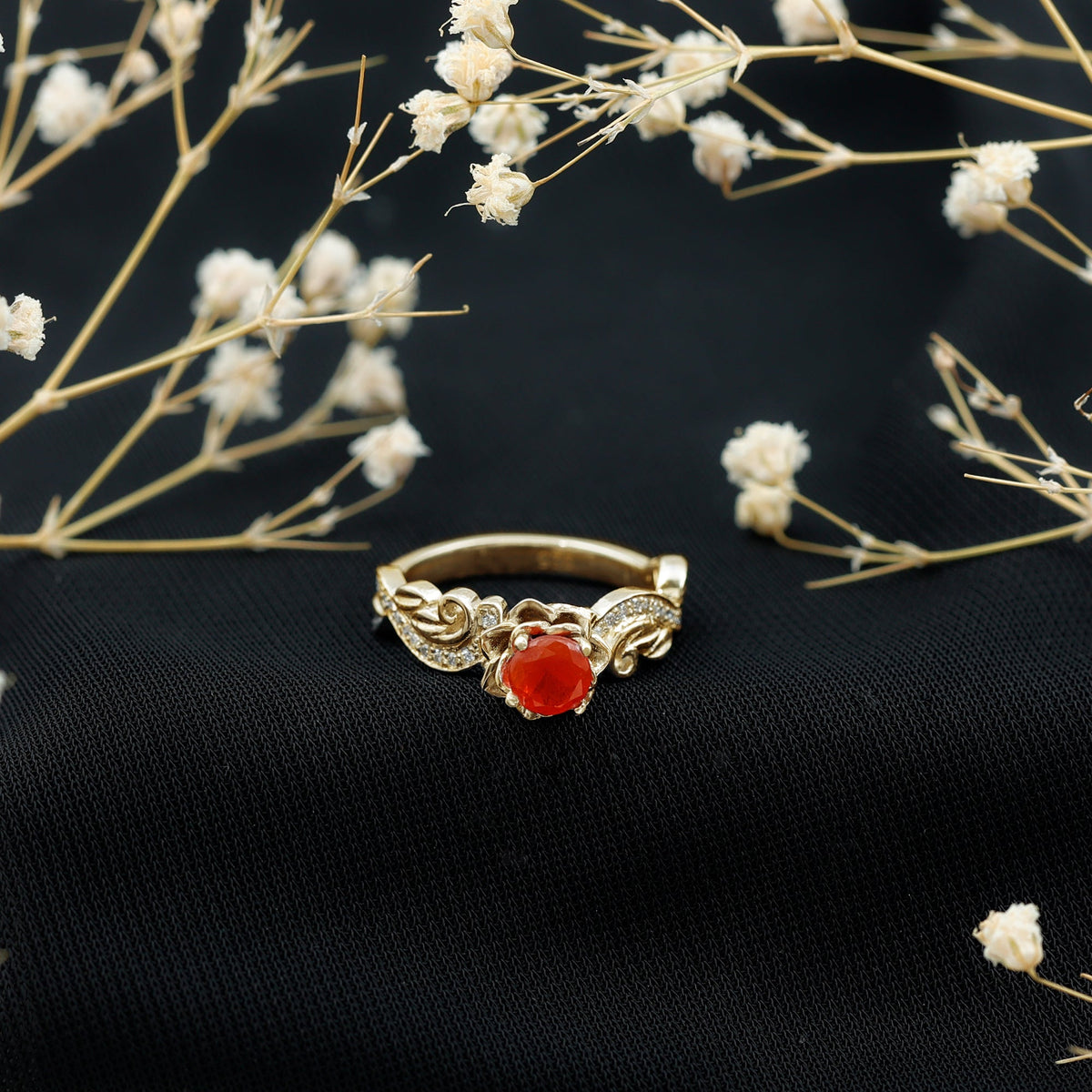 Rosec Jewels fire opal and diamond engagement ring with nature-inspired design and certification, showcasing intricate craftsmanship.