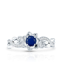 Rose Flower Engagement Ring with Genuine Blue Sapphire and Diamond