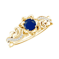Rose Flower Engagement Ring with Genuine Blue Sapphire and Diamond