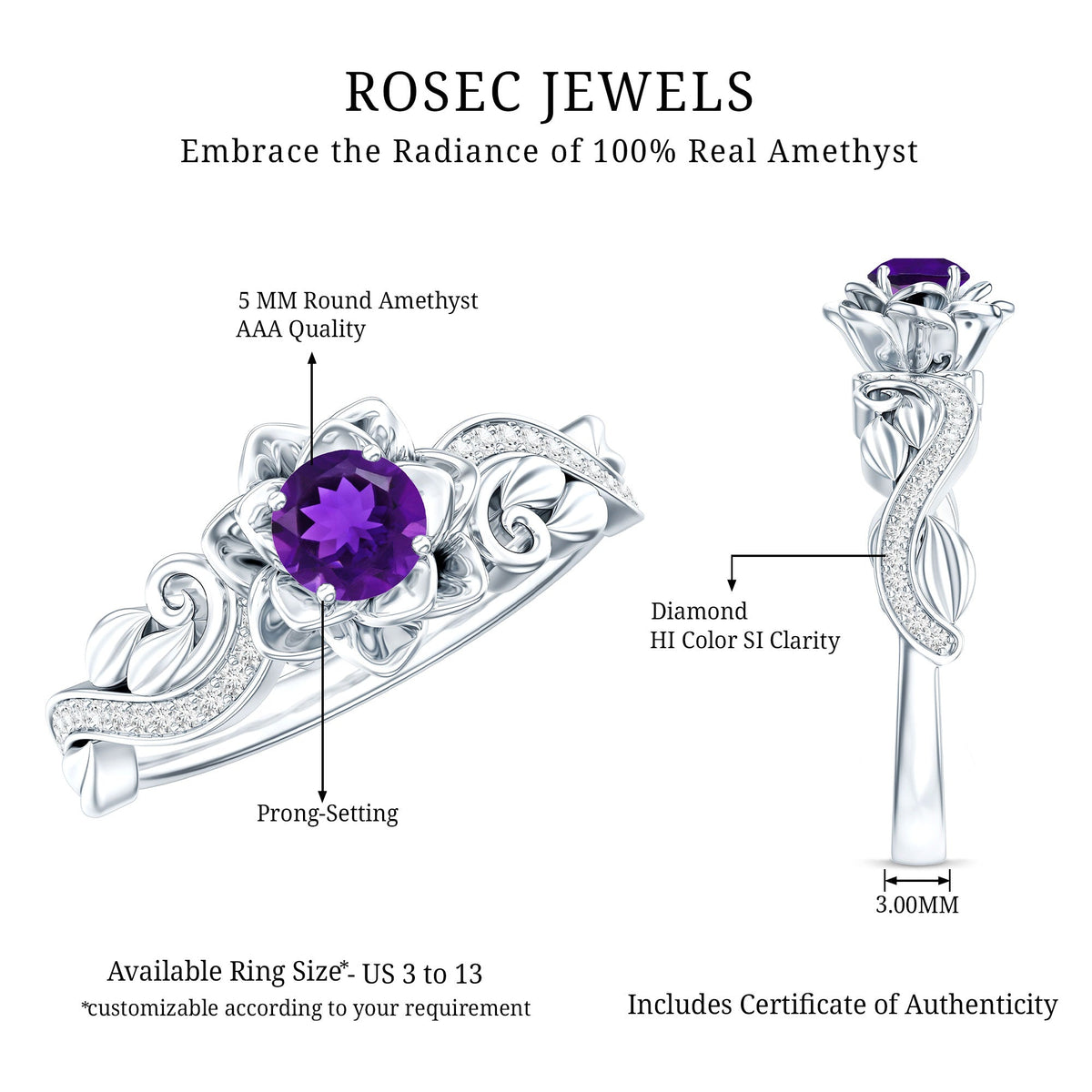 Floral-inspired 1/2 CT amethyst and diamond engagement ring by Rosec Jewels featuring a detailed design and sparkling gemstones.