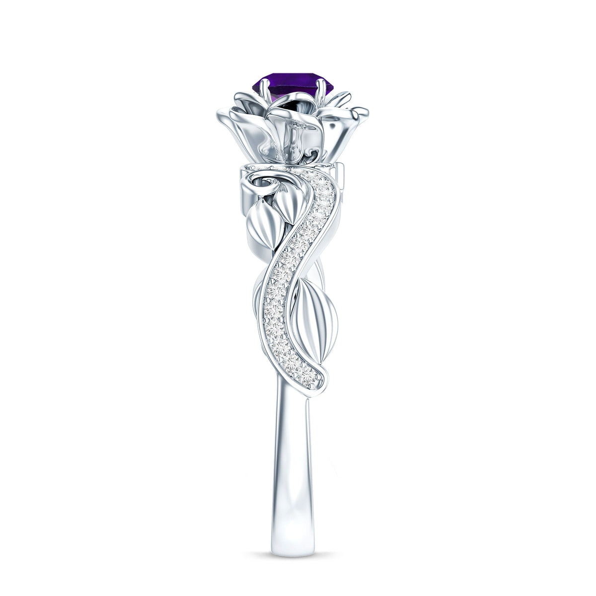 Floral-inspired 1/2 CT amethyst and diamond engagement ring by Rosec Jewels, showcasing detailed design and sparkling gemstones.