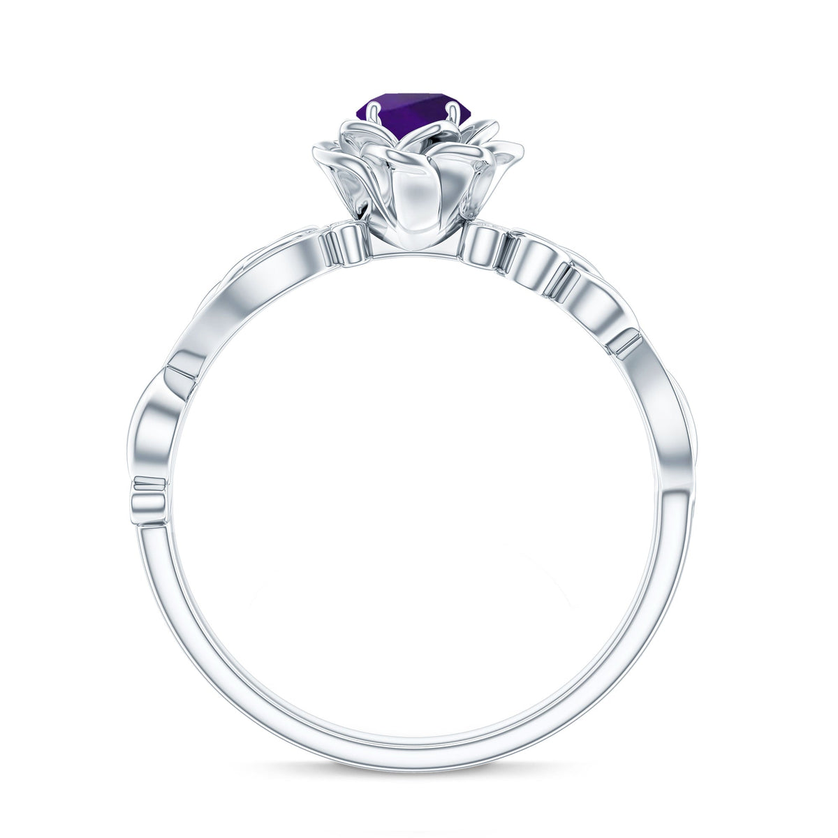 Floral-inspired 1/2 CT amethyst and diamond engagement ring by Rosec Jewels featuring intricate floral design and sparkling gemstones.
