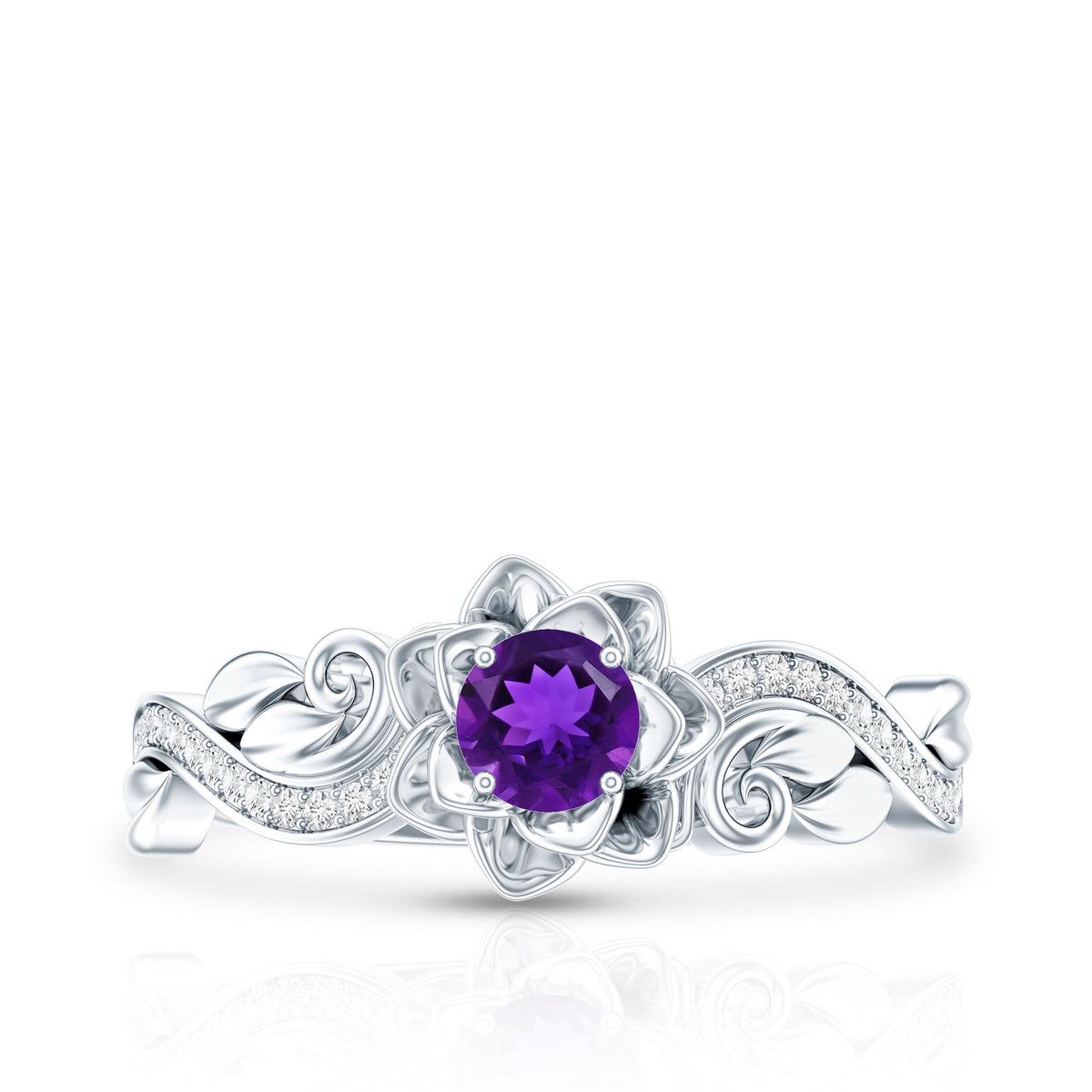 Floral-inspired 1/2 ct amethyst and diamond engagement ring by Rosec Jewels featuring intricate design and sparkling gemstones.