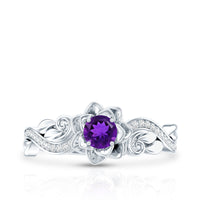 Floral-inspired 1/2 ct amethyst and diamond engagement ring by Rosec Jewels featuring intricate design and sparkling gemstones.