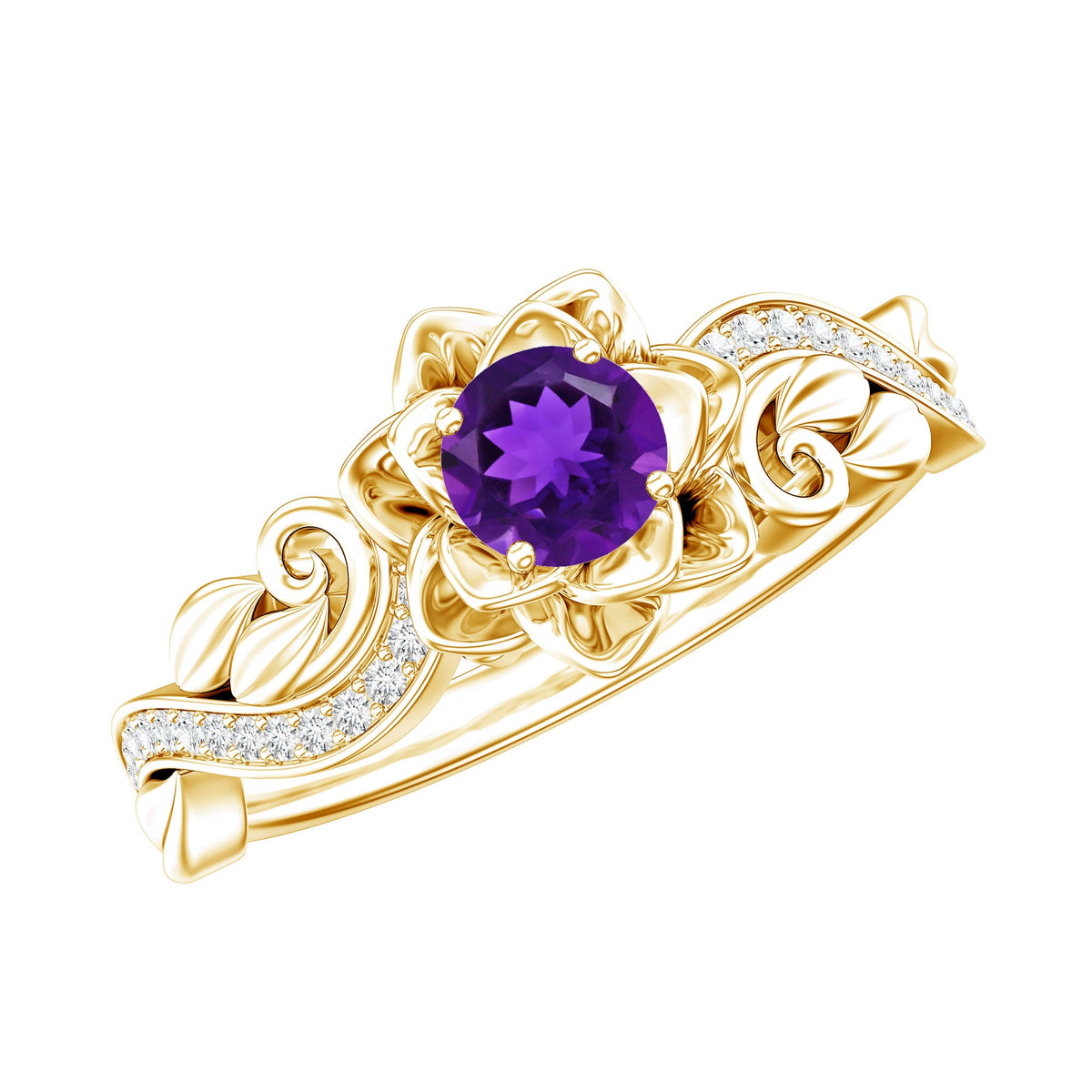 Floral-inspired 1/2 CT amethyst and diamond engagement ring by Rosec Jewels, showcasing intricate gemstone details and elegant design.