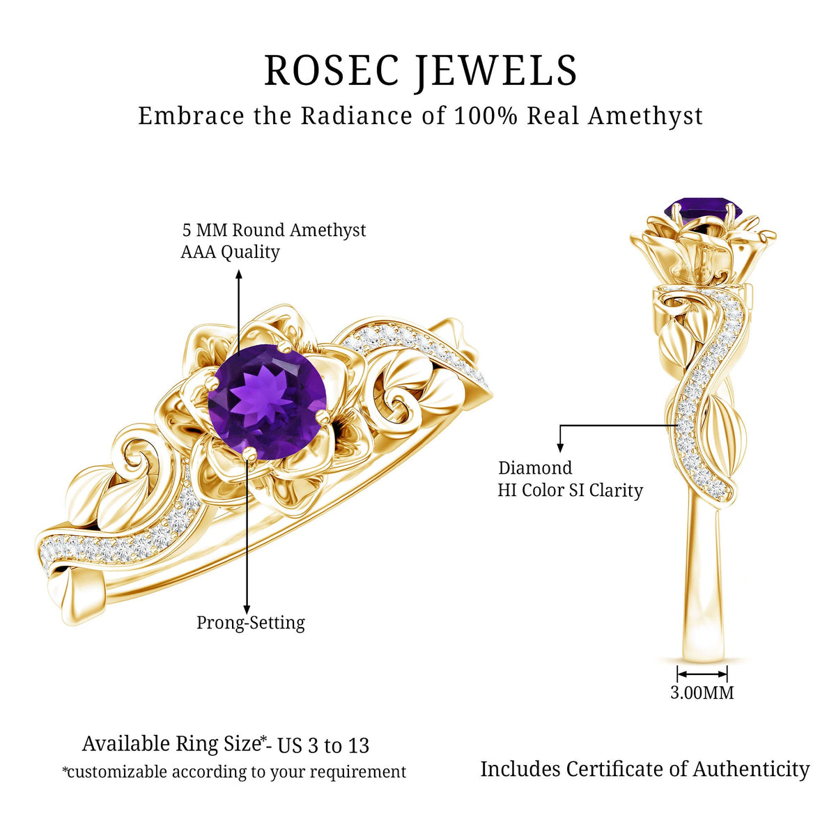 Floral-inspired amethyst and diamond engagement ring from Rosec Jewels featuring a 1/2 carat center stone and intricate design.