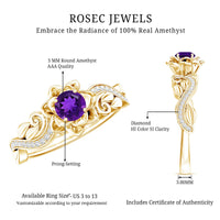 Floral-inspired amethyst and diamond engagement ring from Rosec Jewels featuring a 1/2 carat center stone and intricate design.