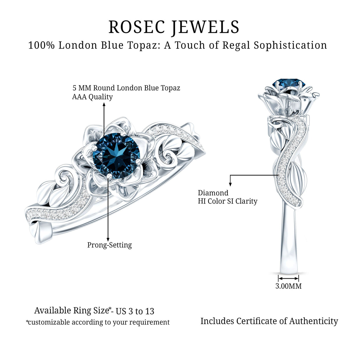 Rosec Jewels 0.6 carat round London Blue Topaz engagement ring with diamonds, nature-inspired design, beautiful and elegant.