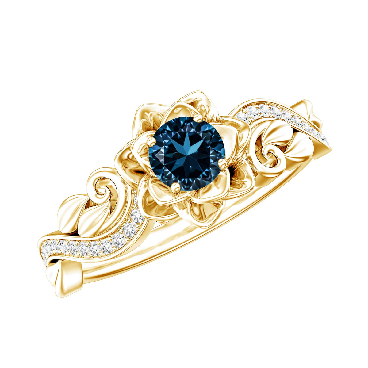 Rosec Jewels engagement ring featuring a 0.6 carat round London Blue Topaz with diamond accents in a nature-inspired design.