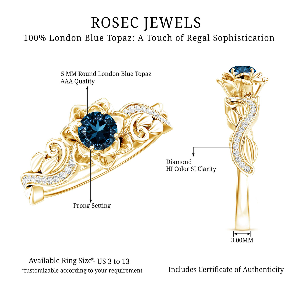 Round 0.6 Carat London Blue Topaz engagement ring with diamond accents, nature-inspired design, by Rosec Jewels.