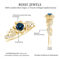 Round 0.6 Carat London Blue Topaz engagement ring with diamond accents, nature-inspired design, by Rosec Jewels.