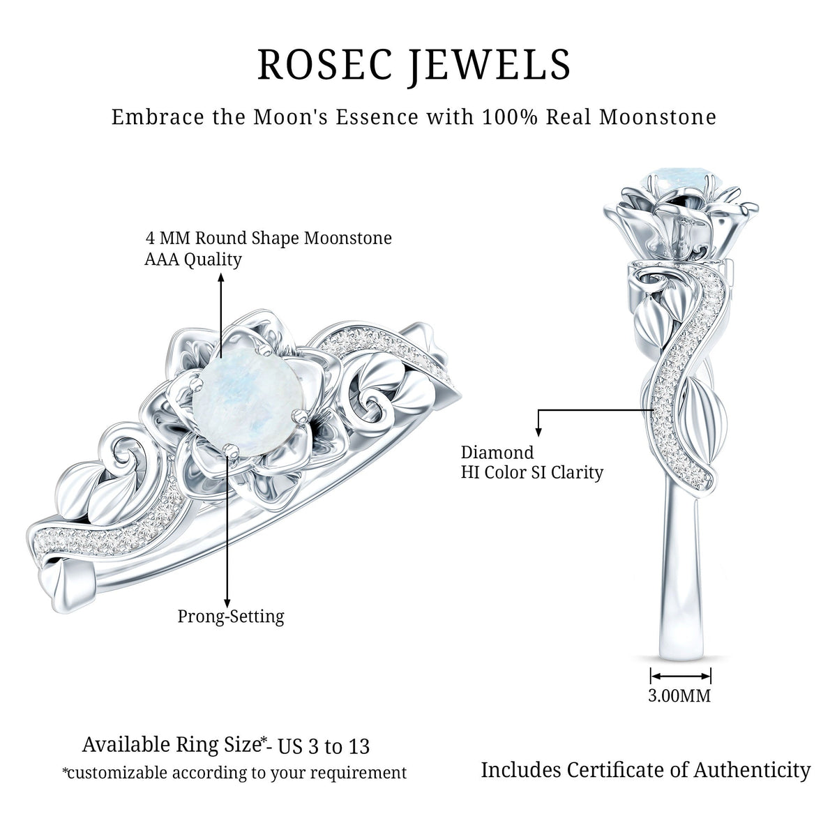 Natural moonstone rose flower engagement ring with diamond accents by Rosec Jewels, showcasing intricate floral design and sparkling gemstones.