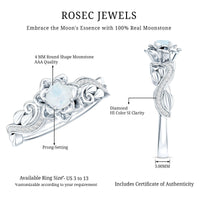 Natural moonstone rose flower engagement ring with diamond accents by Rosec Jewels, showcasing intricate floral design and sparkling gemstones.