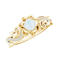 Natural moonstone rose flower engagement ring with diamond accents by Rosec Jewels, showcasing a detailed floral design and sparkling stones.