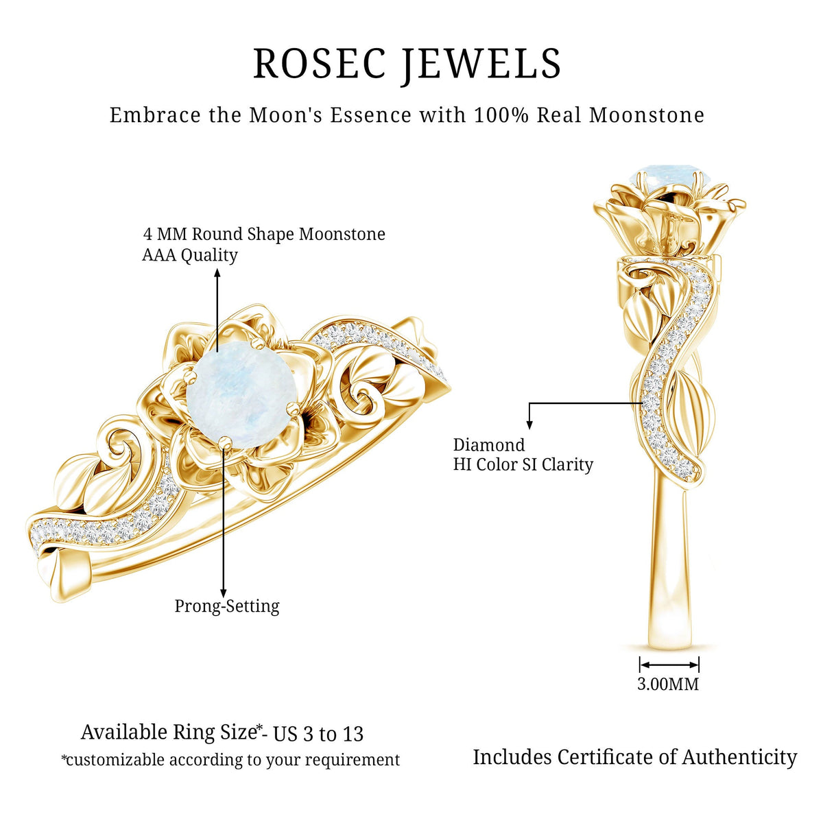 Natural moonstone rose flower engagement ring with diamond accents from Rosec Jewels, featuring intricate floral design and sparkling stones.