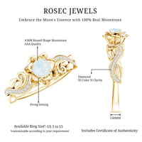 Natural moonstone rose flower engagement ring with diamond accents from Rosec Jewels, featuring intricate floral design and sparkling stones.