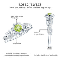 Genuine Peridot and diamond flower-inspired engagement ring from Rosec Jewels featuring intricate floral design and sparkling gemstones.