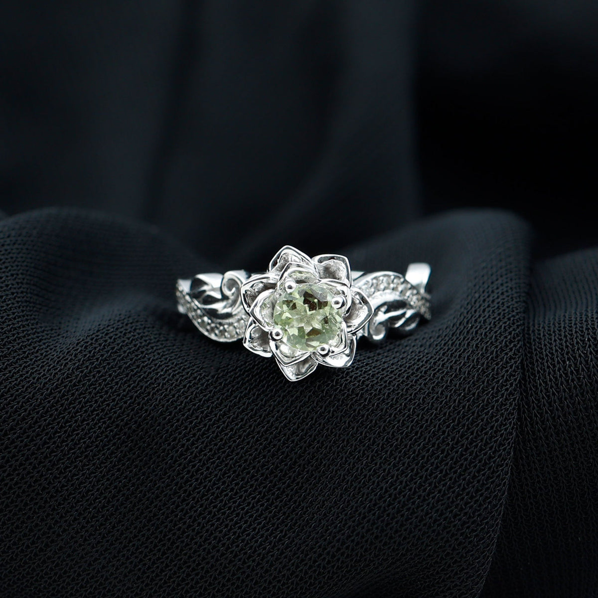 Genuine peridot and diamond flower-inspired engagement ring by Rosec Jewels, featuring intricate gemstone detailing and elegant design.