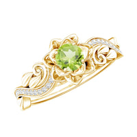 Genuine peridot and diamond flower-inspired engagement ring with intricate design, crafted by Rosec Jewels.