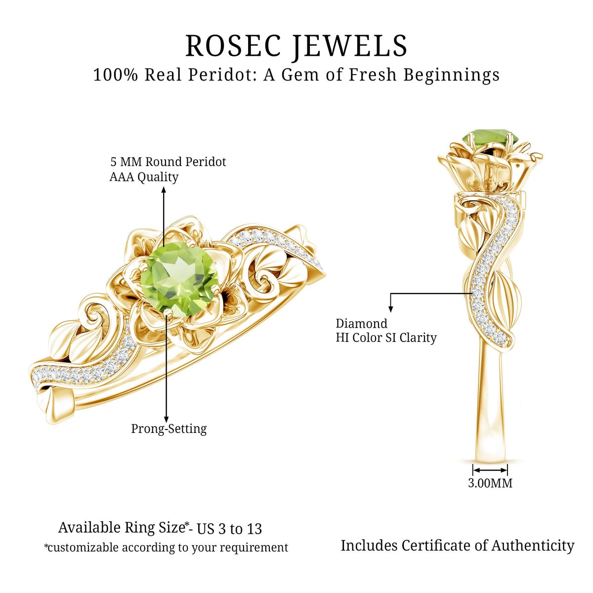 Genuine peridot and diamond flower-inspired engagement ring from Rosec Jewels, featuring intricate floral design and sparkling gemstones.