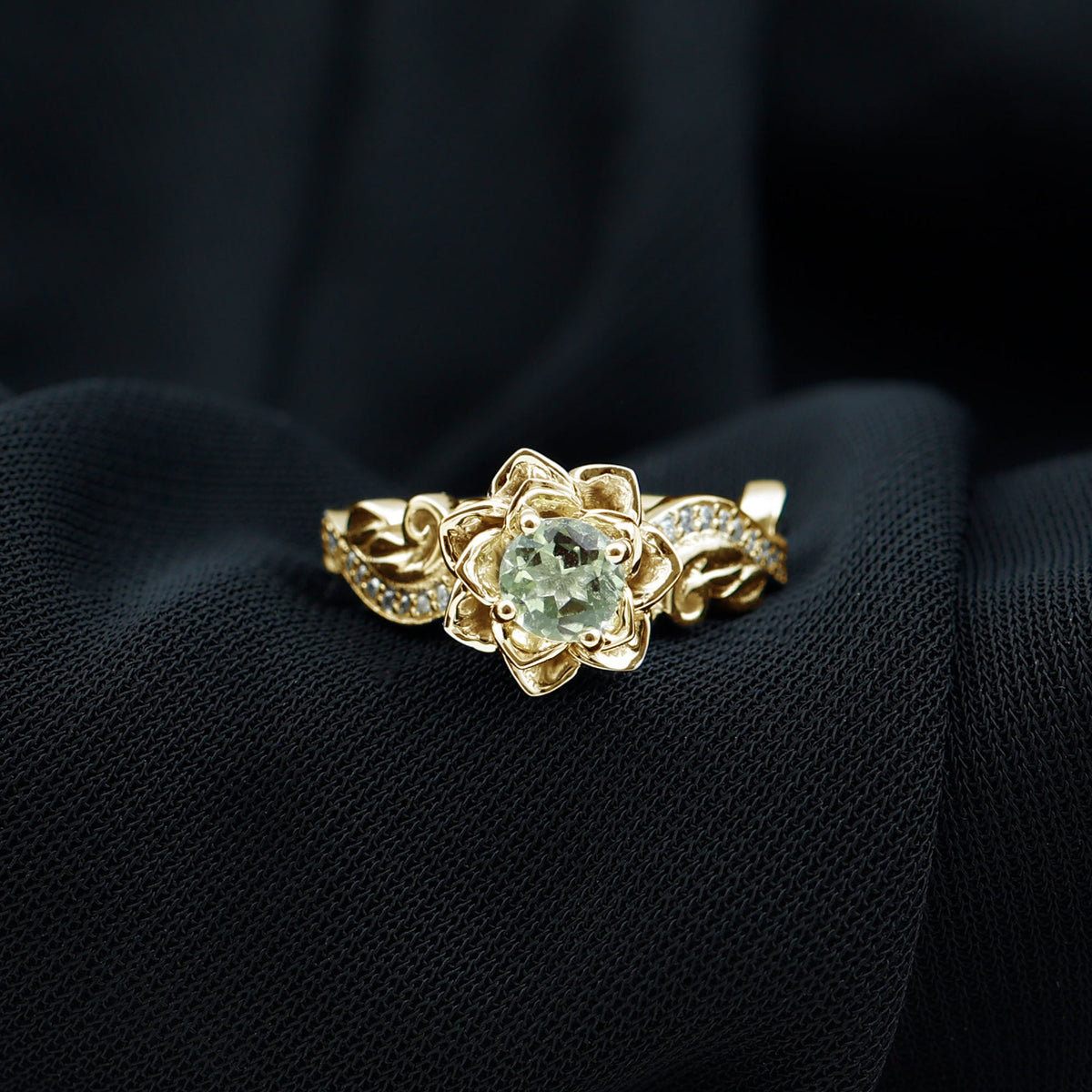 Genuine peridot and diamond flower-inspired engagement ring by Rosec Jewels featuring intricate floral design and sparkling gemstones.