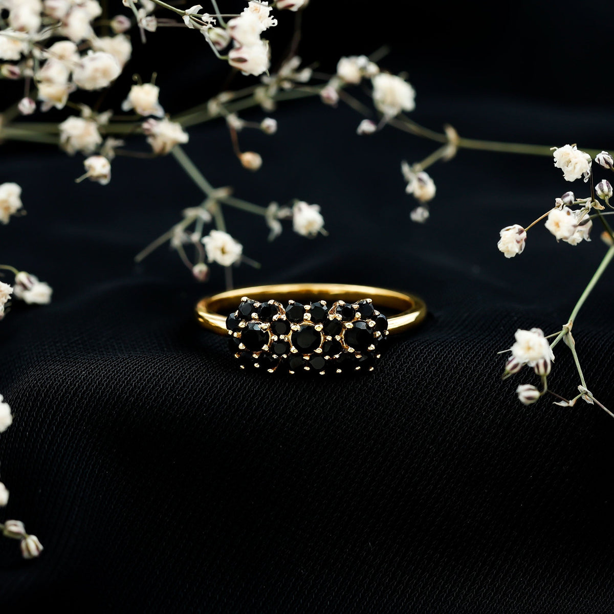 Certified Black Onyx Flower Engagement Ring