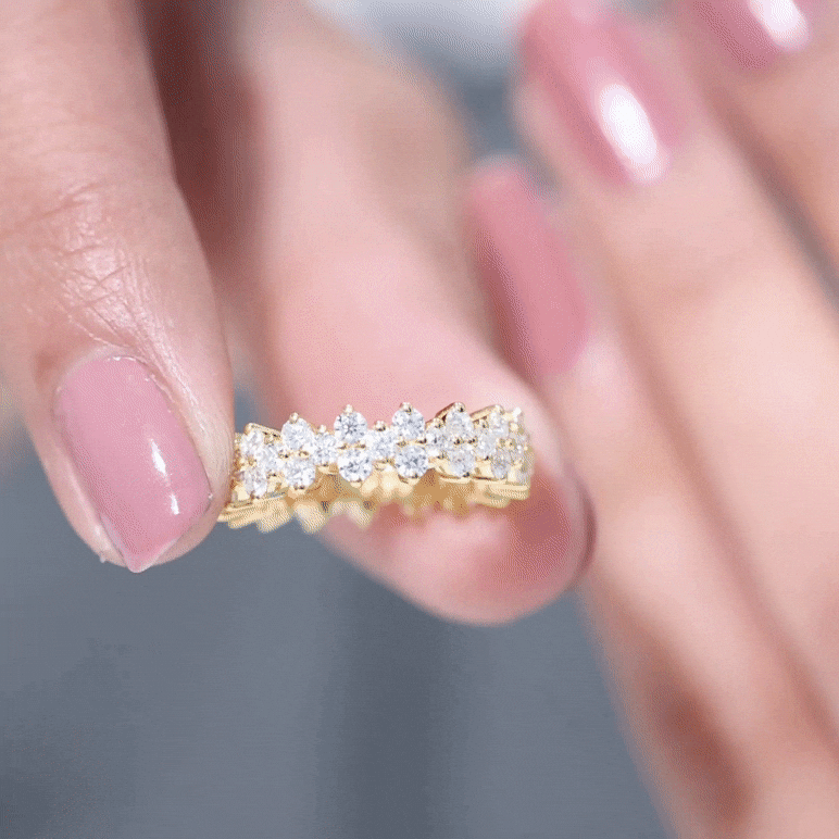 Yellow gold cluster wedding band for women with moissanite stones, featuring a sparkling, multi-stone ring design by Rosec Jewels.