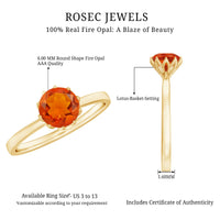 0.75 Carat Round Fire Opal Solitaire Ring in Lotus Basket Setting