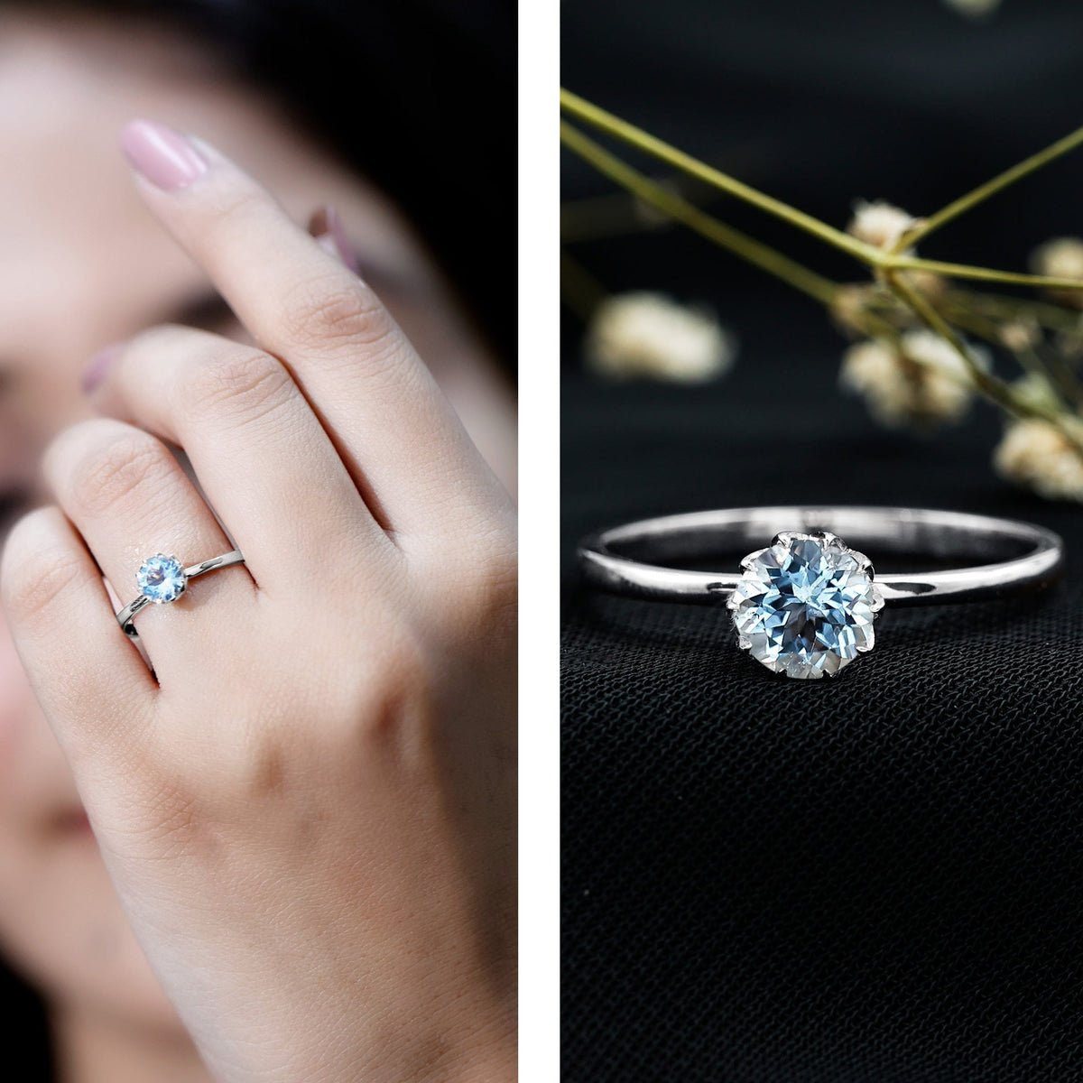 Rosec Jewels 0.8 Carat round cut aquamarine solitaire engagement ring with a sleek band and sparkling gemstone.