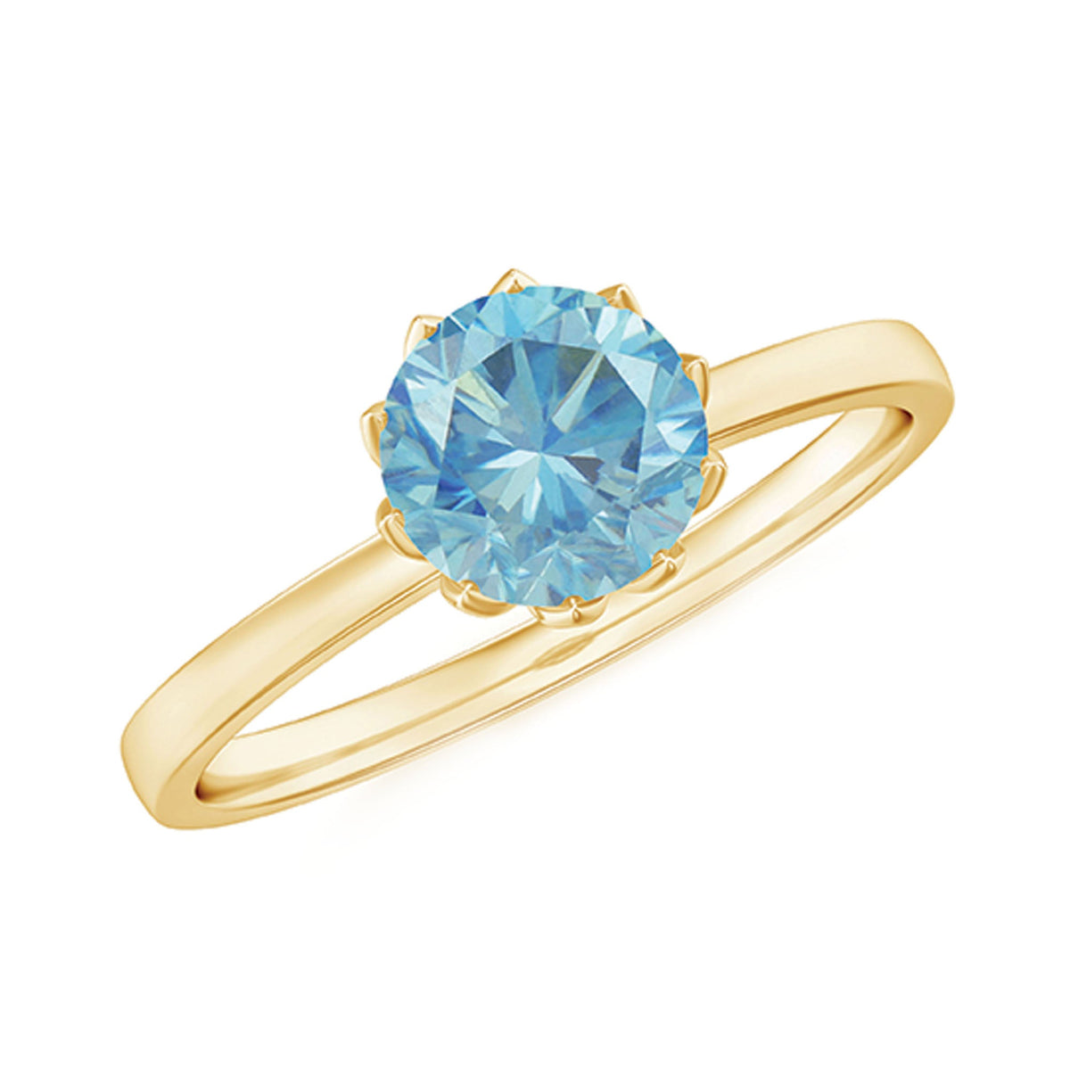 Round cut aquamarine solitaire engagement ring with a 0.8 carat center stone set in a silver band from Rosec Jewels.