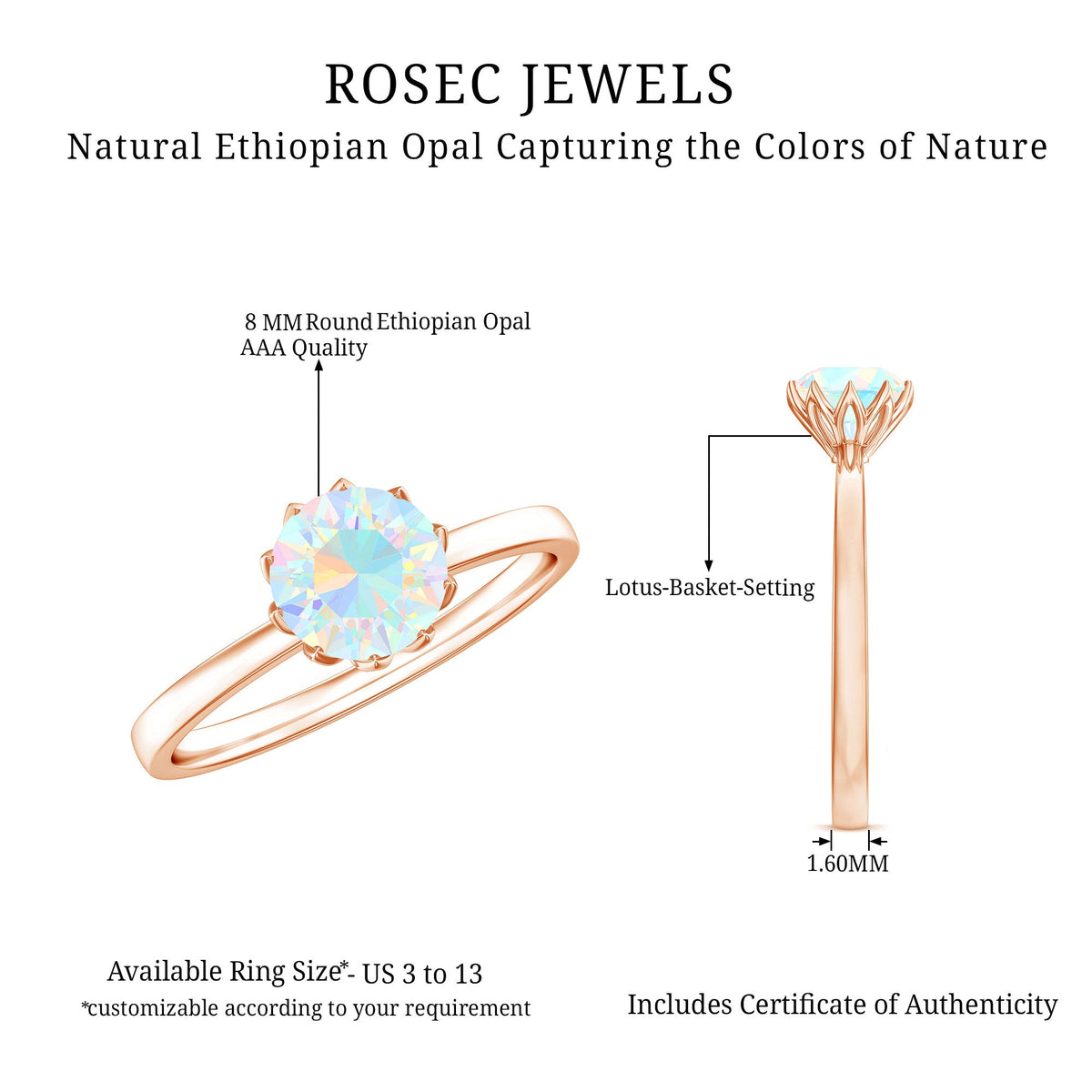 Natural 8mm Ethiopian Opal Engagement Ring in Lotus Basket Setting