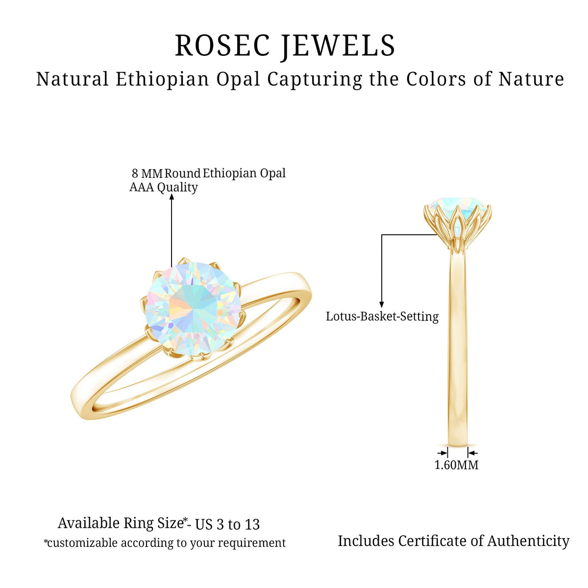 Natural 8mm Ethiopian Opal Engagement Ring in Lotus Basket Setting