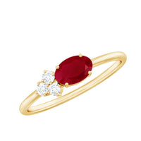 East West Style 0.6 Carat Oval Ruby Promise Ring with Diamond Trio