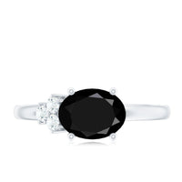 Oval Cut Created Black Diamond Minimal Ring with Diamond Trio