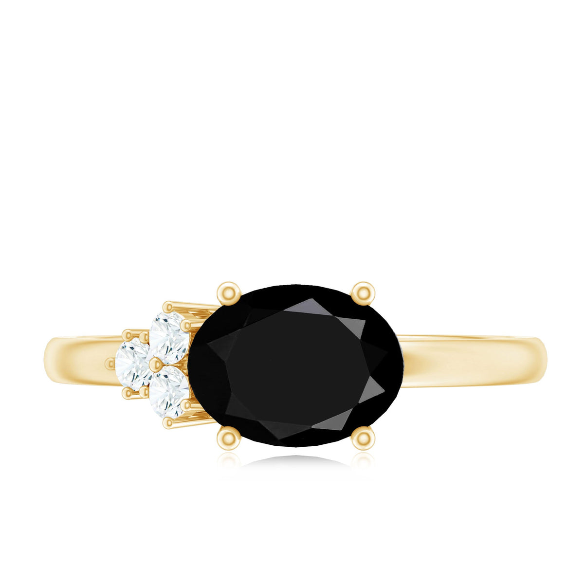 Oval Cut Created Black Diamond Minimal Ring with Diamond Trio