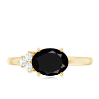 Oval Cut Created Black Diamond Minimal Ring with Diamond Trio